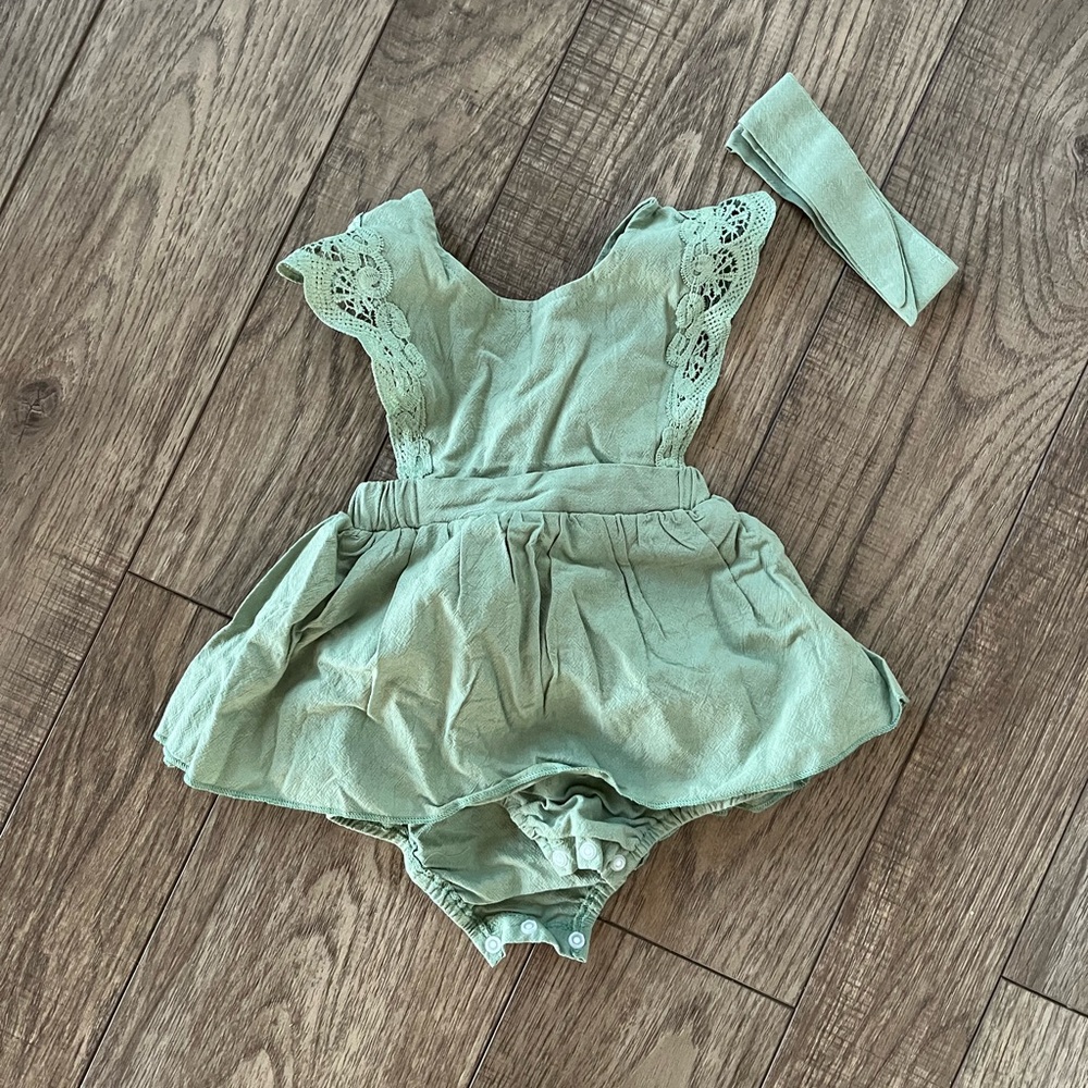 Green Baby Romper with Headband